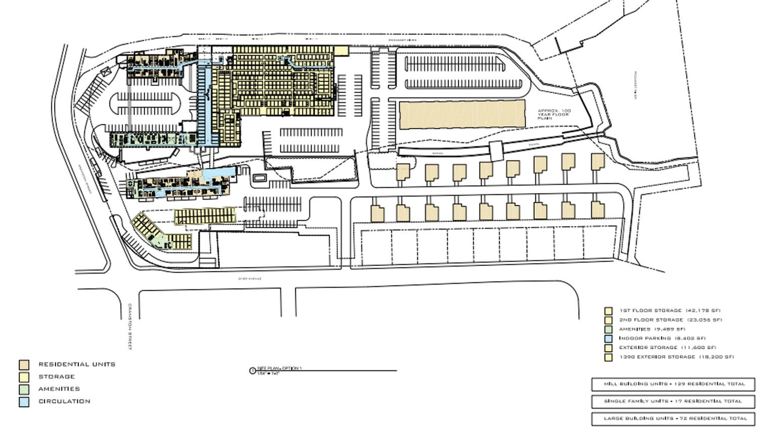 A LOOK AT THE PLAN: This image taken from the pre-application submission for the Cranston Print Works redevelopment proposal shows how various buildings – including apartments, single-family homes and self-storage space – would be situated on the main portion of the property.